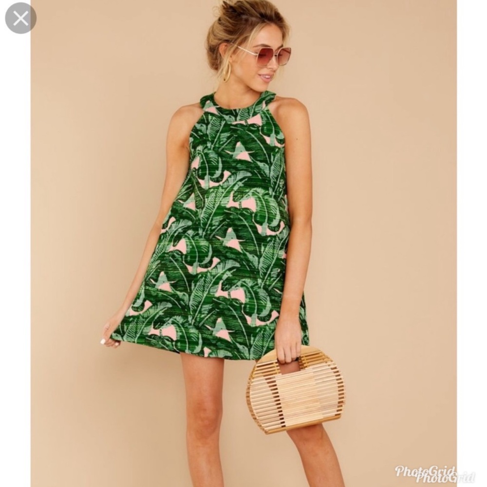Judith March Lady of Summer palm print mini dress high neck green and pink large - Picture 1 of 13